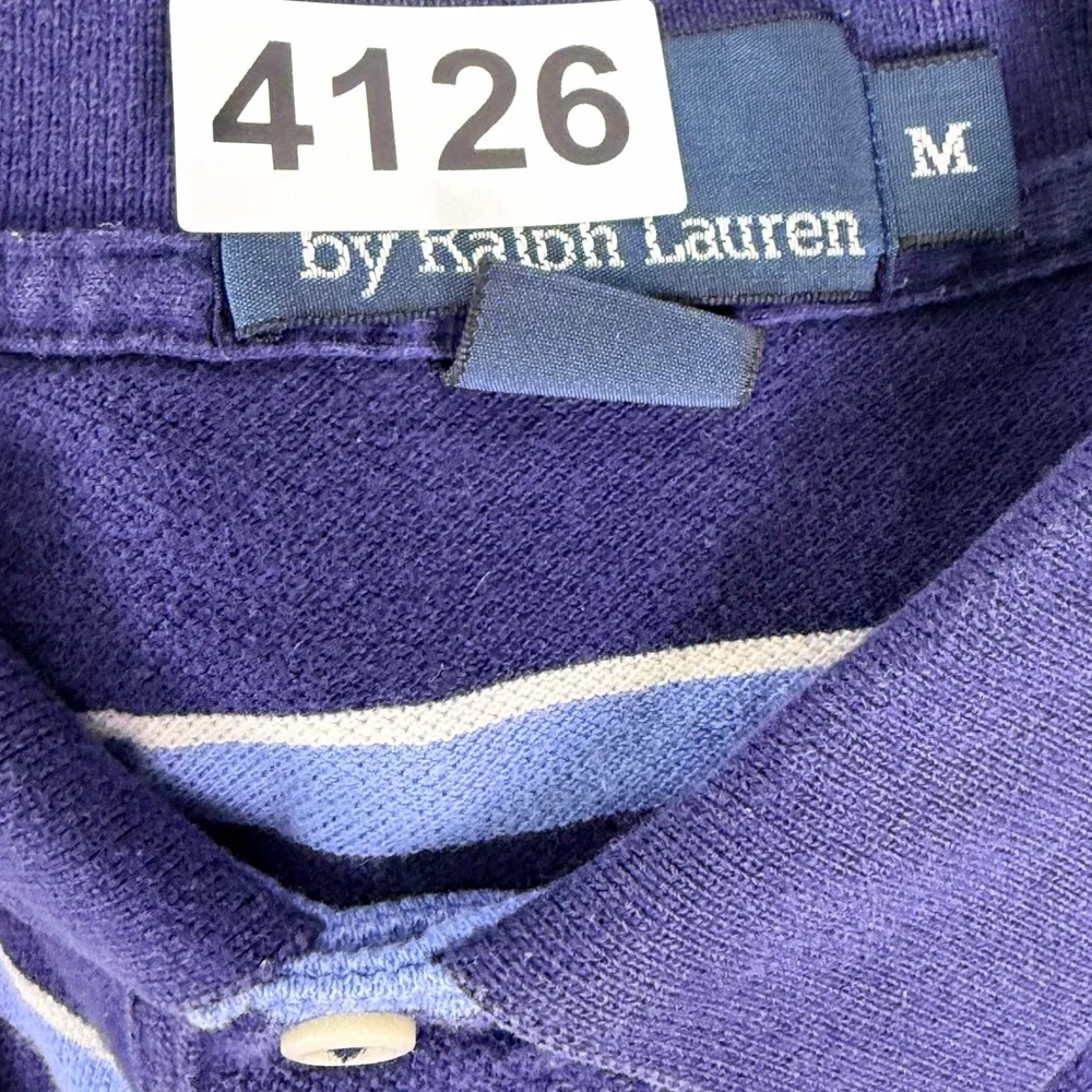 Polo‎ Ralph Lauren Polo Shirt Men M Blue Striped Cotton Short Sleeve Pony Golf